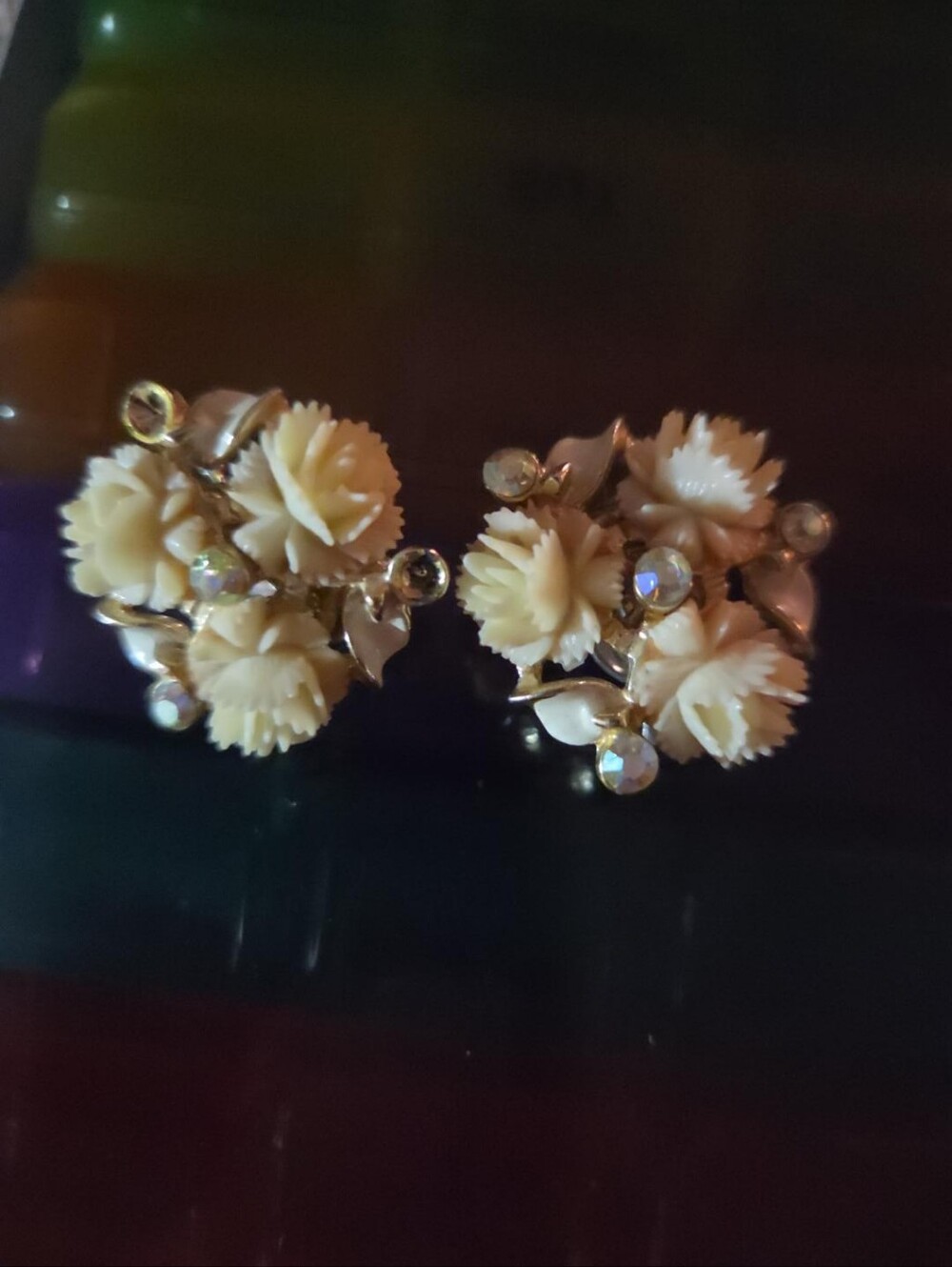 Vintage Cream Floral Cluster Clip On Earrings Aurora Borealis Rhinestones Gold